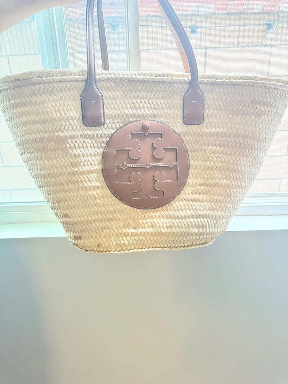 Tory Burch Natural Straw Tote with Chestnut Leather Logo